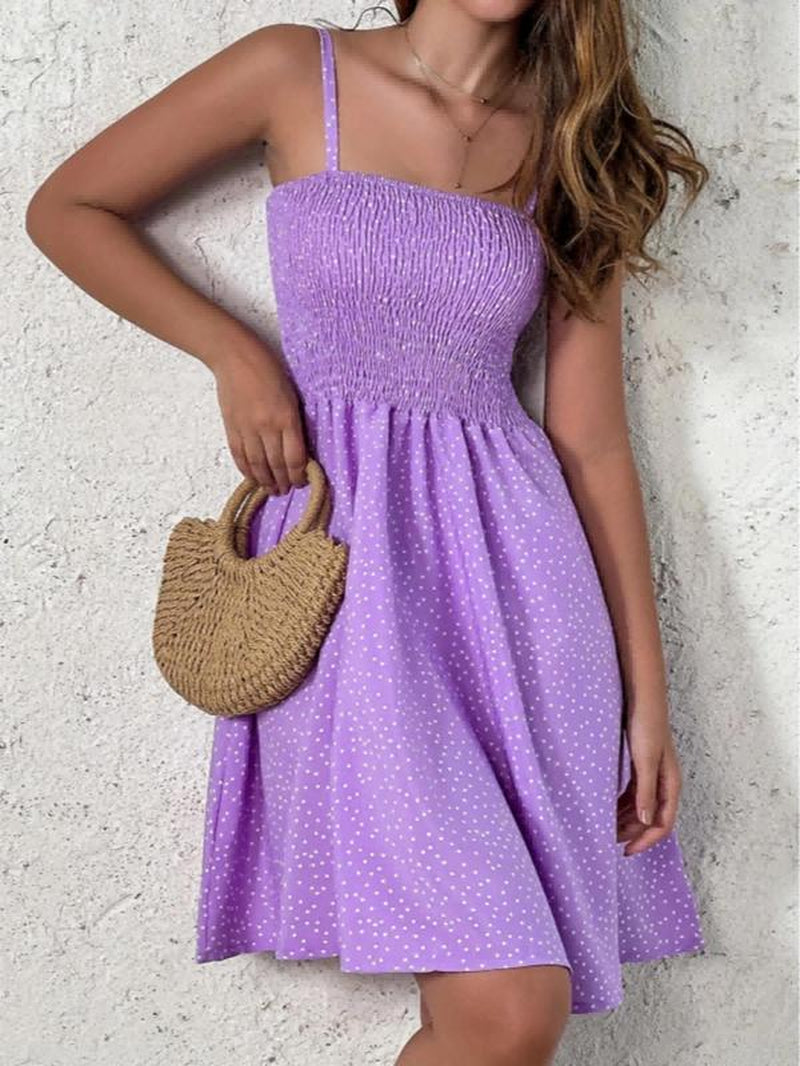 Women'S Polka Dot Print Shirred Vintage Cami Dress, Casual Adjustable Strap Knee Length Dress for Beach Holiday Vacation, Summer Outfits, Ladies Summer Clothes, Summer Dresses 2024