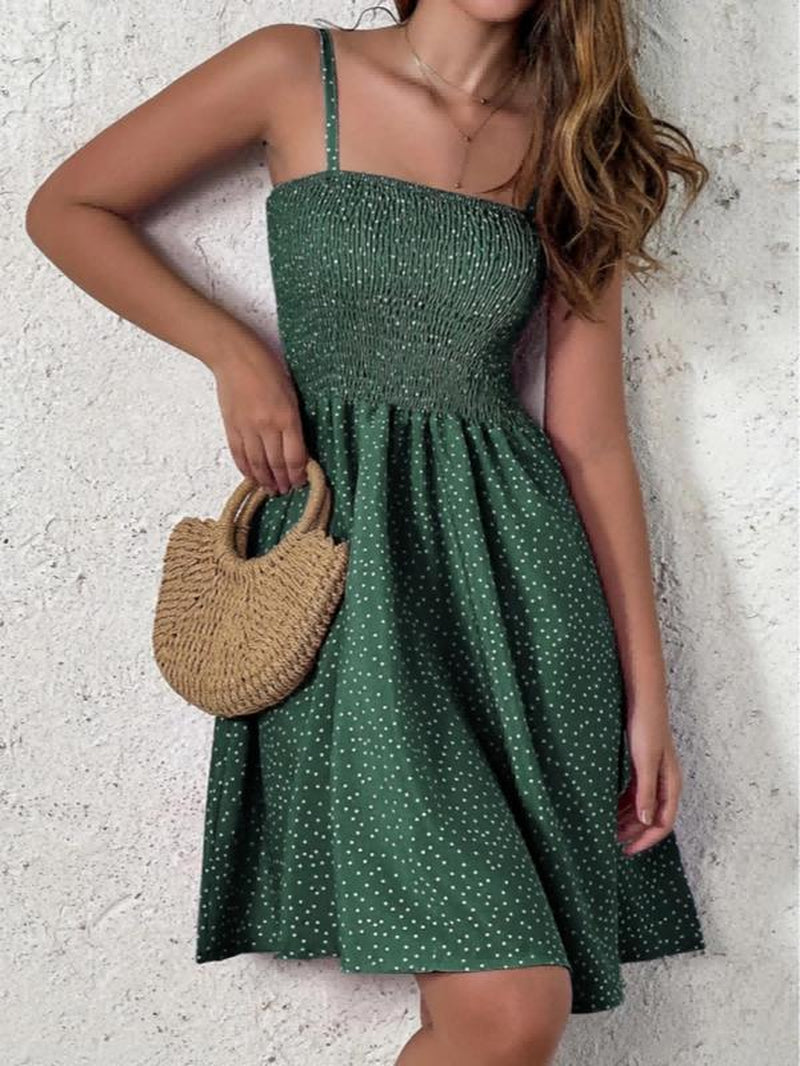 Women'S Polka Dot Print Shirred Vintage Cami Dress, Casual Adjustable Strap Knee Length Dress for Beach Holiday Vacation, Summer Outfits, Ladies Summer Clothes, Summer Dresses 2024