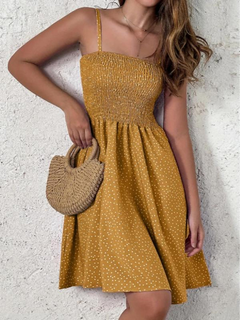 Women'S Polka Dot Print Shirred Vintage Cami Dress, Casual Adjustable Strap Knee Length Dress for Beach Holiday Vacation, Summer Outfits, Ladies Summer Clothes, Summer Dresses 2024