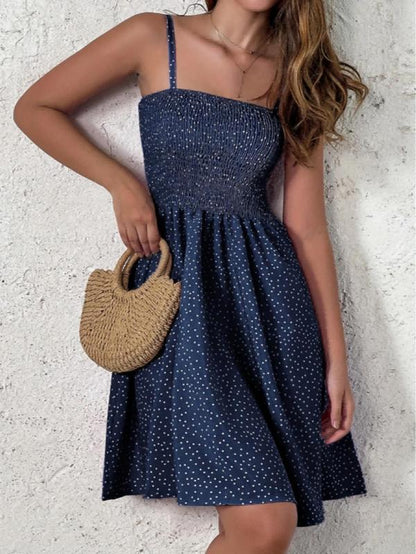 Women'S Polka Dot Print Shirred Vintage Cami Dress, Casual Adjustable Strap Knee Length Dress for Beach Holiday Vacation, Summer Outfits, Ladies Summer Clothes, Summer Dresses 2024