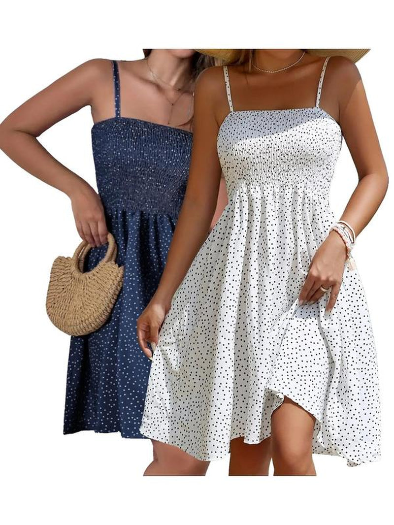 Women'S Polka Dot Print Shirred Vintage Cami Dress, Casual Adjustable Strap Knee Length Dress for Beach Holiday Vacation, Summer Outfits, Ladies Summer Clothes, Summer Dresses 2024